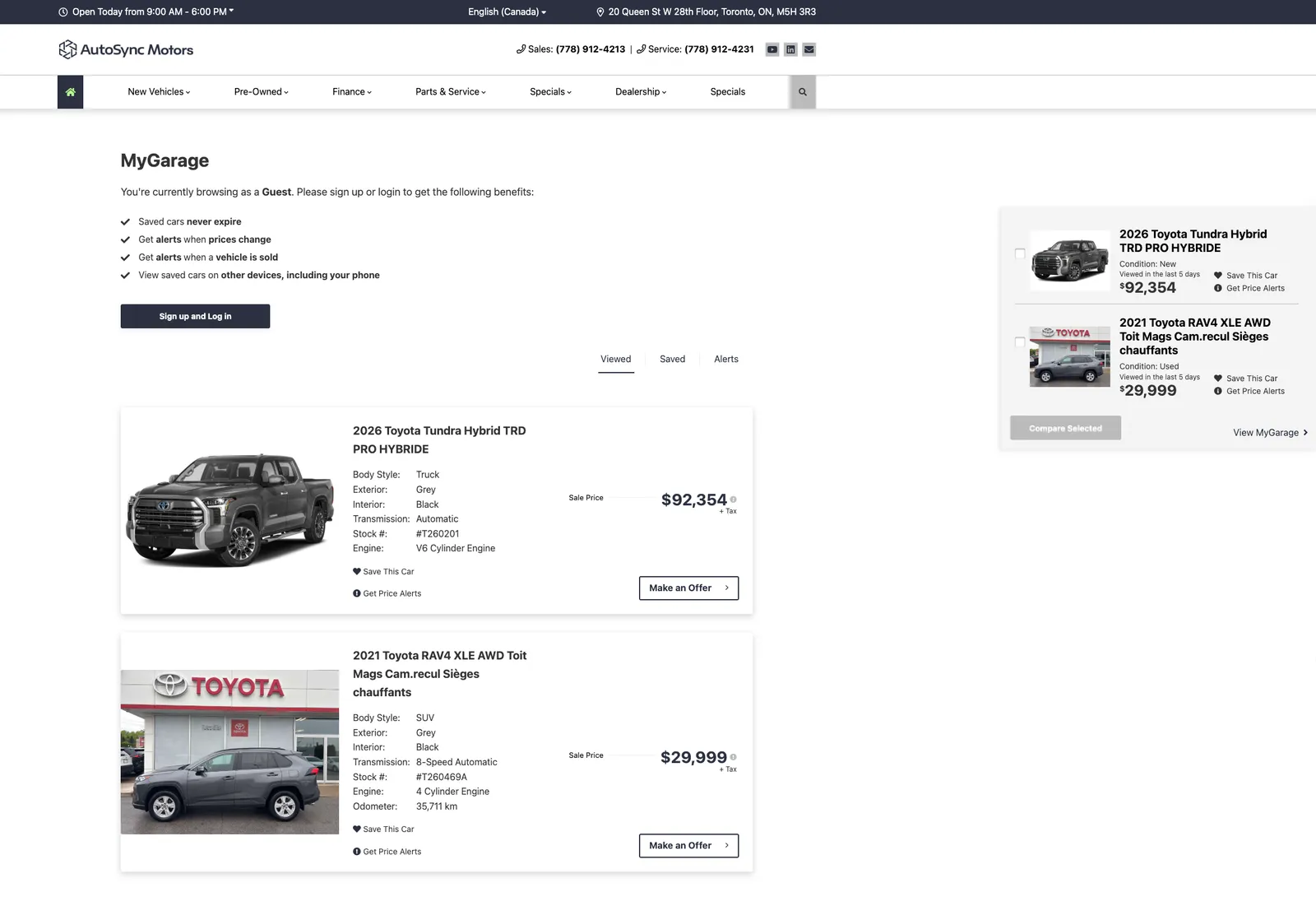 The MyGarage page on the AutoSync demo: two viewed vehicles with price alerts, and the garage drawer open beside them